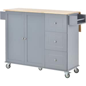 Grey Blue Solid Wood Top 52.7 in. Kitchen Island with Drop Leaf Breakfast Bar and 3 Drawers