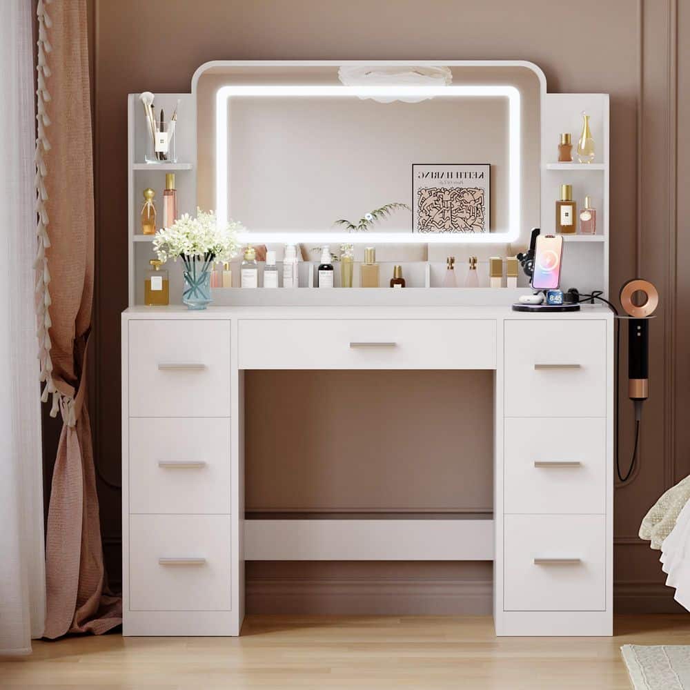 Vanity Desk with Large Lighted Mirror, Power Outlet and LED Lights, Makeup Vanity Table with 7 Drawers White