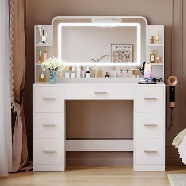 Vanity Desk with Large Lighted Mirror, Power Outlet and LED Lights, Makeup Vanity Table with 7 Drawers White