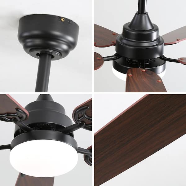 52 in. Smart Indoor Black 6-Speed Walnut Brown 2-Color Blades Downrod or Flush Mount Ceiling Fan with 3-Color LED Light
