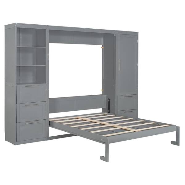 Nestfair Gray Wood Frame Queen Murphy Bed with Closet,Drawers and ...