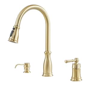 High-Arc Single Handle Standard Kitchen Faucet with Soap Sprayer in Brushed Gold