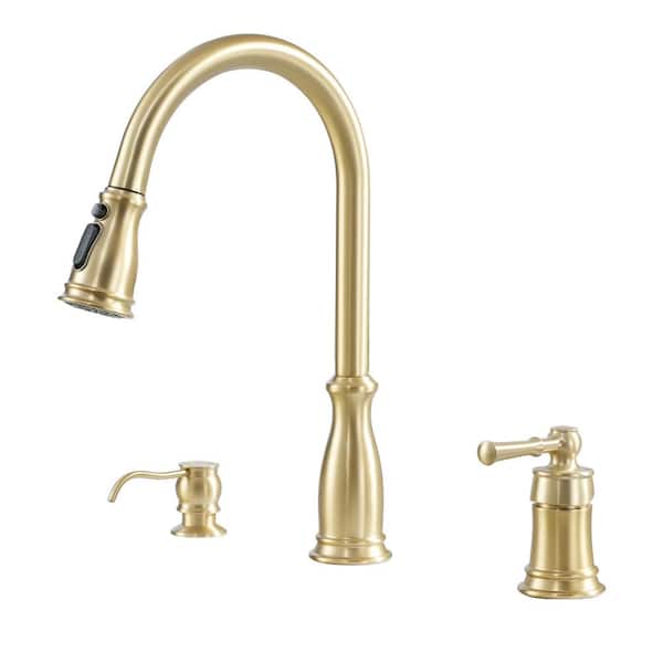 Mondawe High-Arc Single Handle Standard Kitchen Faucet with Soap Sprayer in Brushed Gold