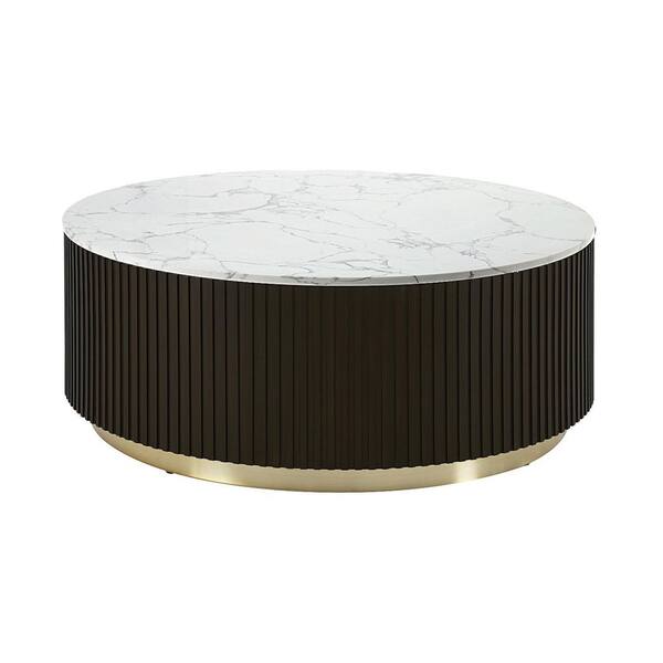 35" White Espresso and Gold Faux Marble Solid Wood and Steel Round Drum Coffee Table