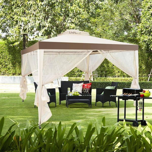 10 in. x 10 in. Beige Canopy Gazebo Outdoor Patio Party/Event Tent with Mosquito