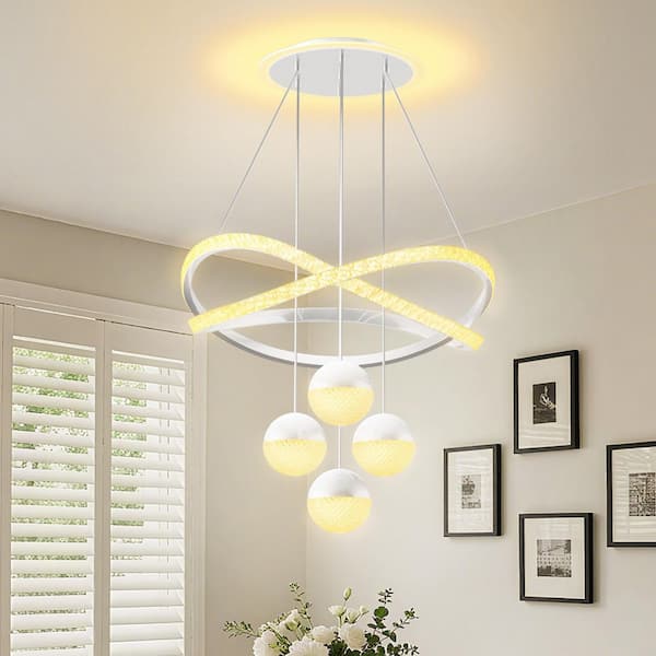 16 in. White Geometric LED Chandelier Adjustable Height Dimmable 3-Color Pendant Light with Acrylic Shades