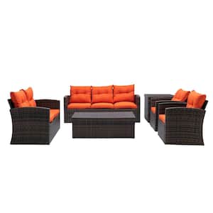Serga 6-Pieces Wicker Patio Furniture Set Outdoor Conversation Set with Orange Cushions