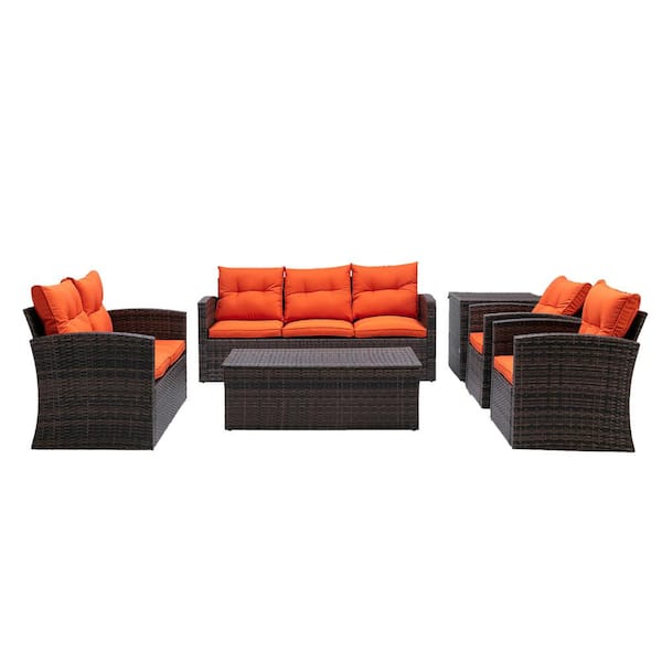 Unbranded Serga 6-Pieces Wicker Patio Furniture Set Outdoor Conversation Set with Orange Cushions