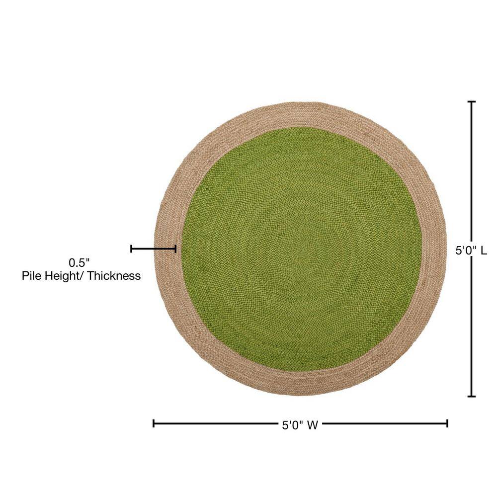 Green and Natural Round Braided Jute Rug, 5 ft