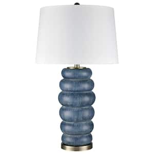 Lizzie 31 in. Denim Washed, Brushed Brass, White Gourd Task and Reading Table Lamp for Living Room w/White Linen Shade