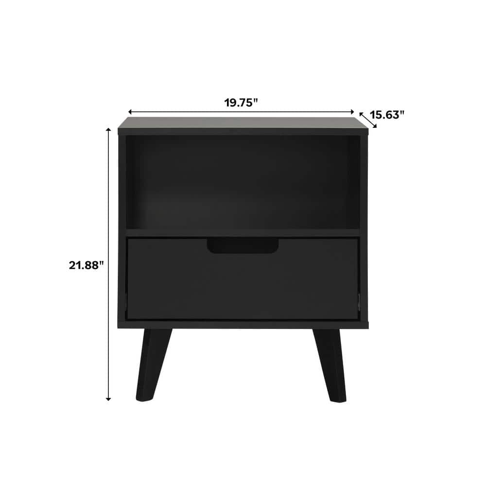Black MDF 1-Drawer Nightstand with Open Cubby