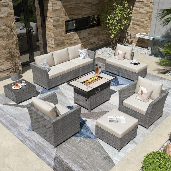 OVIOS Bexley Gray 10-Piece Wicker Rectangle Fire Pit Patio Conversation Seating Set with Fine-Stripe Beige Cushions