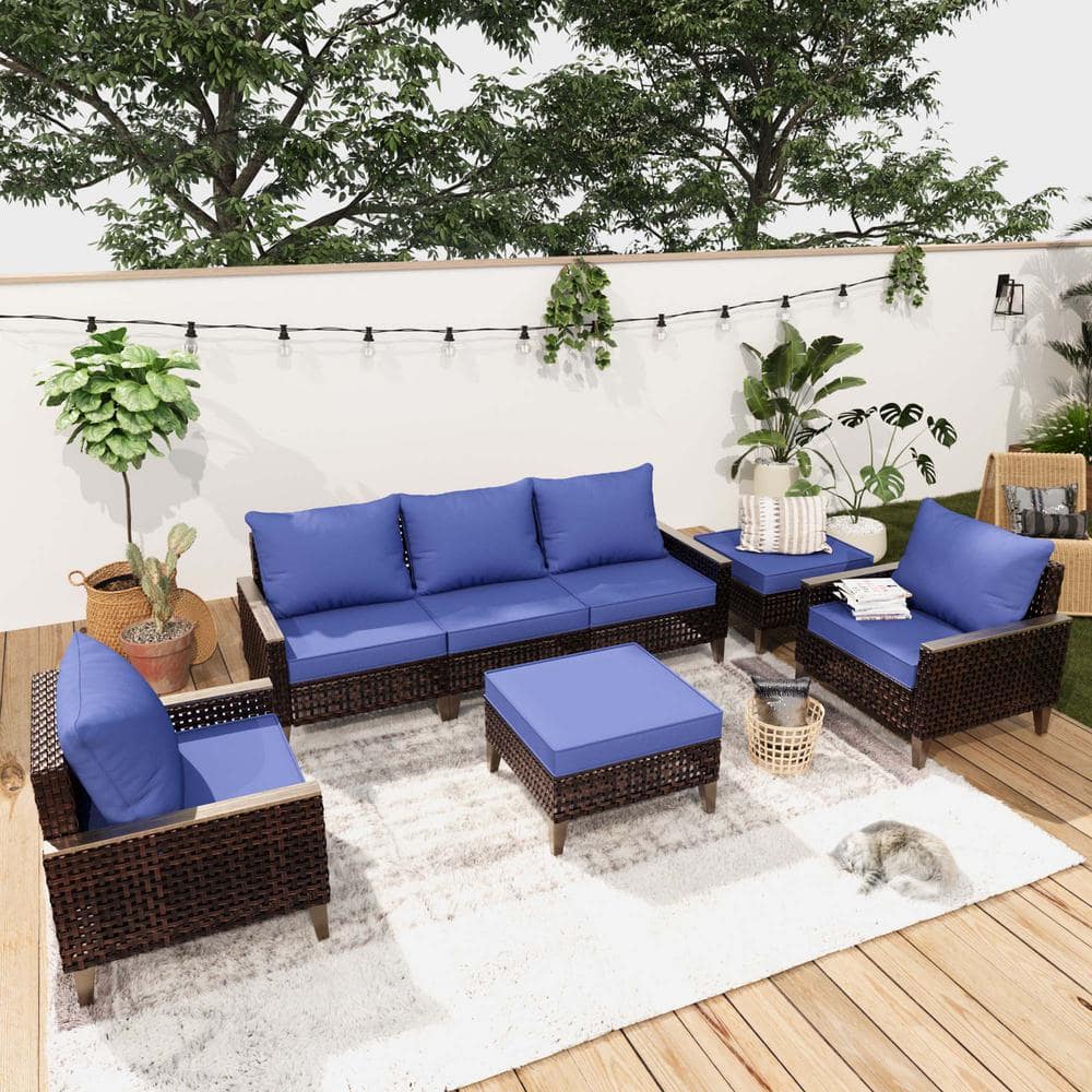 7 Pieces Brown Wicker Outdoor Sectional Sofa Set, Rattan High Back with Ottomans and Blue Cushions price history on PriceWatchPro