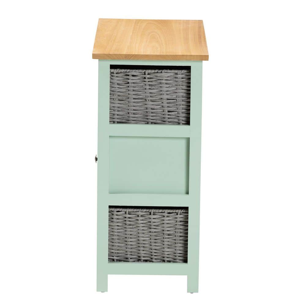 Mint Green and Oak Brown 3-Drawer Storage Unit with Wicker Baskets