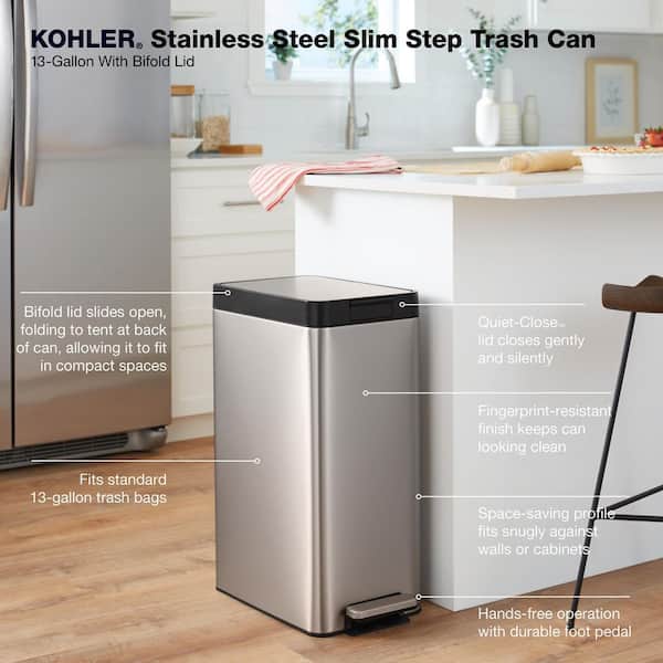  Kohler 13 Gallon Hands-Free Kitchen Step, Trash Can