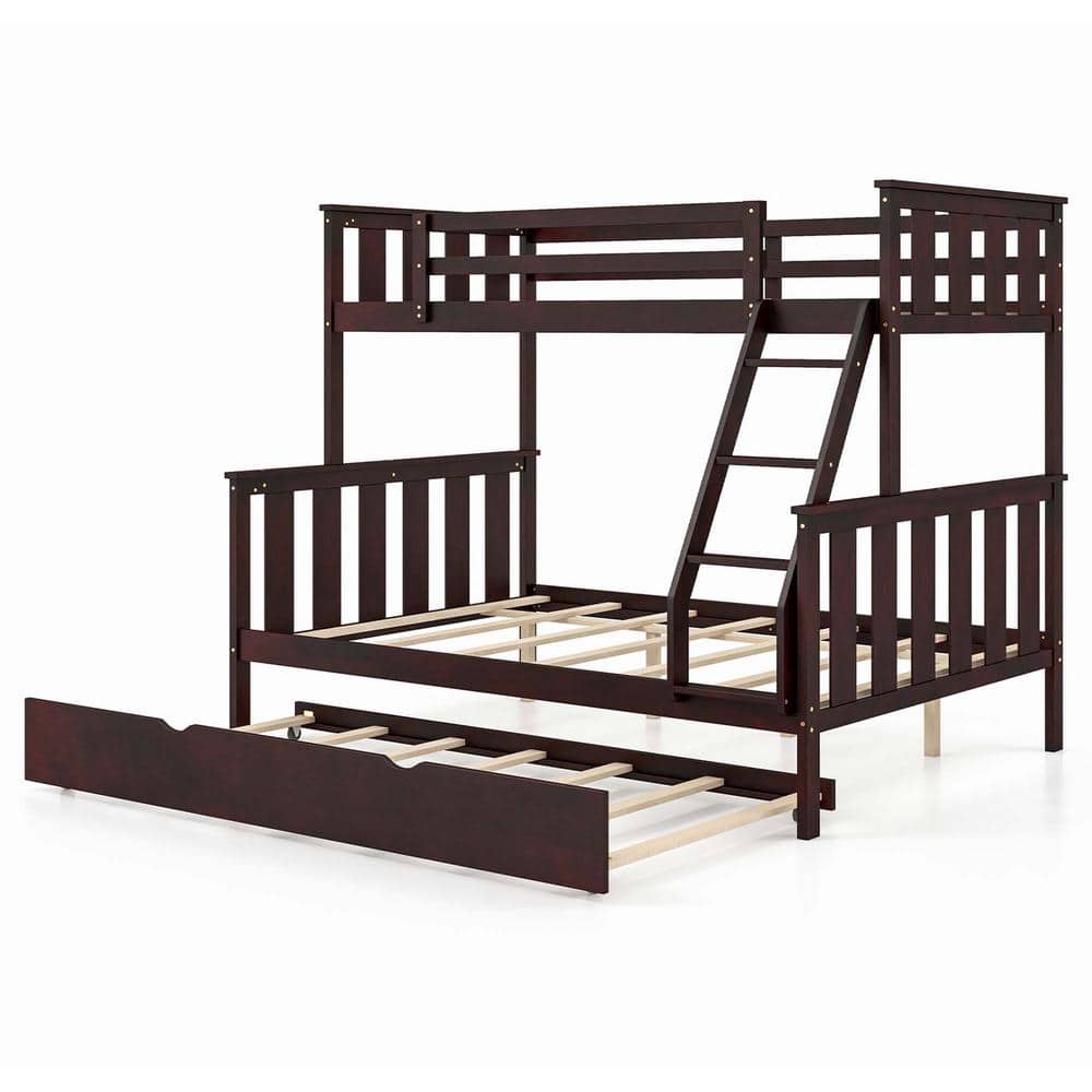 Costway Espresso Twin Over Full Bunk Bed with Trundle Ladder Safety Guardrails 3in1 Beds