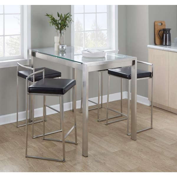 LumiSource Fuji 27.75 in. Black Faux Leather and Stainless Steel Stackable Counter Stool (Set of 3)