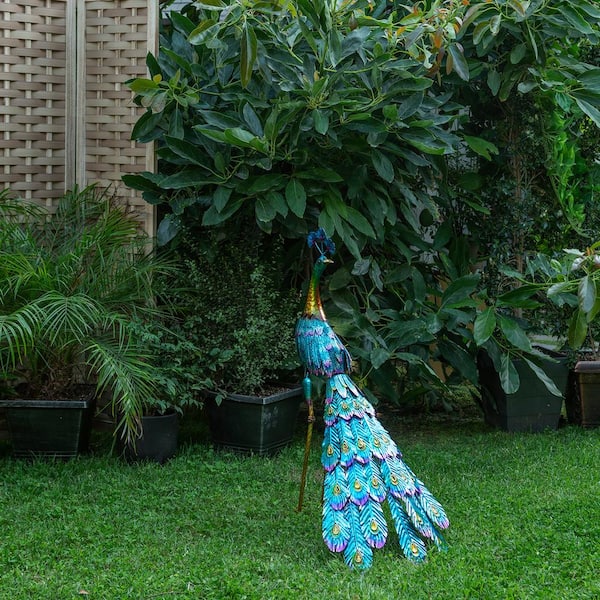33 in. Tall Indoor/Outdoor Metallic Peacock Standing Yard Statue Decoration, Multicolor