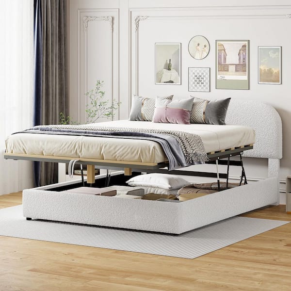 White Wood Frame Queen Teddy Fleece Platform Bed with Hydraulic Storage System