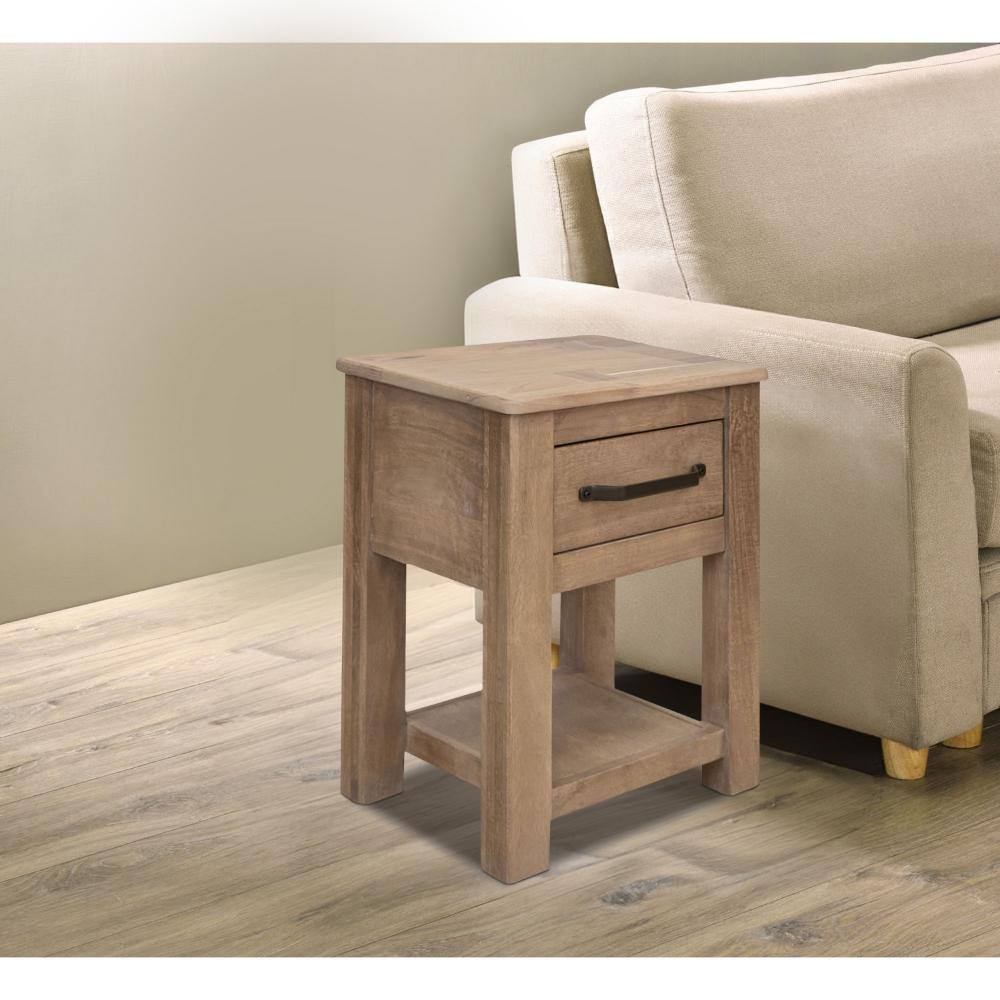 Umey Natural Brown Wood and Metal Chairside Table with Storage