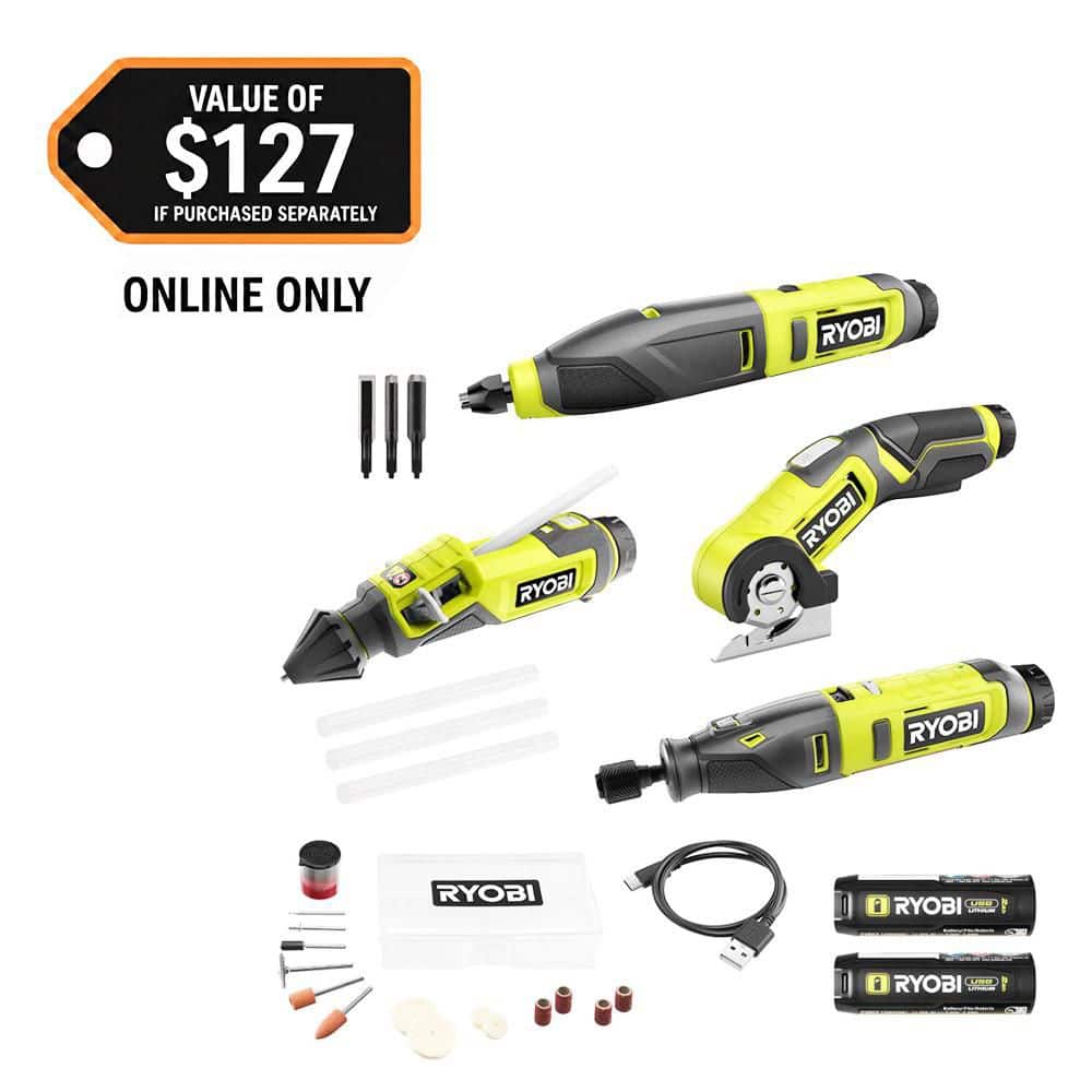 RYOBI USB Lithium 4-Tool Hobby Combo Kit with Cutter, Rotary Tool, Carver, Glue Pen, Batteries, and USB Charging Cable (FVH100K2)