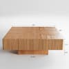 Front view of a square wood coffee table with dimensions.
