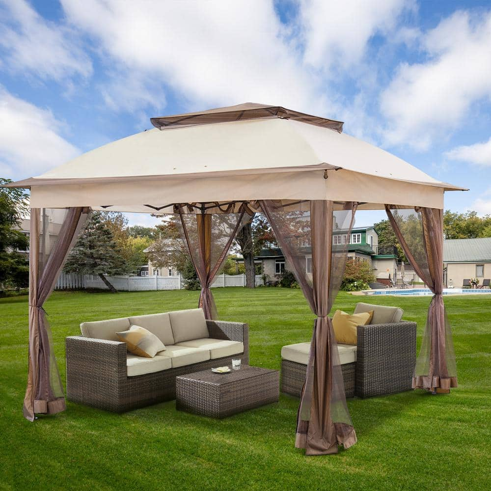 COOS BAY 11 ft. x 11 ft. Beige Steel Pop-Up Gazebo with Mosquito ...