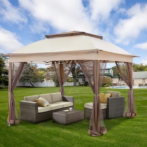 11 ft. x 11 ft. Beige Steel Pop-Up Gazebo with Mosquito Netting