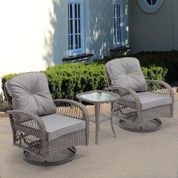 HOMEFUN 3-Piece Wicker Outdoor Bistro Set Patio Swivel Rocker Chairs with Grey Cushions and Coffee Table