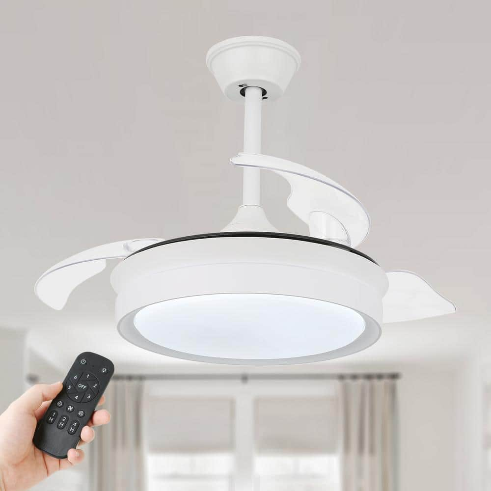 42 in. Indoor LED White Retractable Blades Ceiling Fan with Dimmable Light and Remote 6-Speed Reversible Fandelier -  Bella Depot, DC4205-W