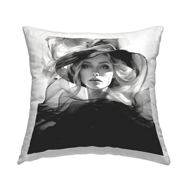 Stupell Industries Swirling Fashion Woman Black Print Polyester 18 in. x 18 in. Throw Pillow