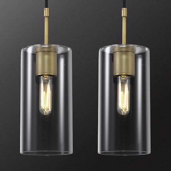 1 Light Brass Glass Kitchen Island Pendant Light, Dimmable LED Pendant Light, for Living Room, Bedroom, Foyer(2-Pieces)