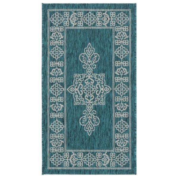 Courtyard Teal/Ivory 2 ft. x 4 ft. Border Medallion Indoor/Outdoor Area Rug