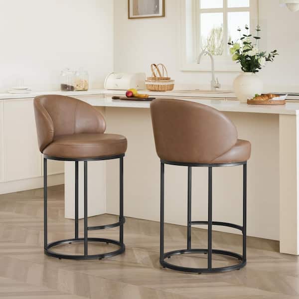 Sage 26.8 in. Saddle Brown Faux Leather Upholstered Swivel Counter Height Bar Stool with Metal Frame(Set of 2)