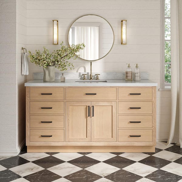Hepburn 66 in. Single Sink Freestanding Bathroom Vanity in Oak with Carrara White Marble Top