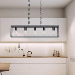 5-Light Matte Black Farmhouse Kitchen Island Lighting, Modern Rectangular Chandeliers for Dining room Foyer