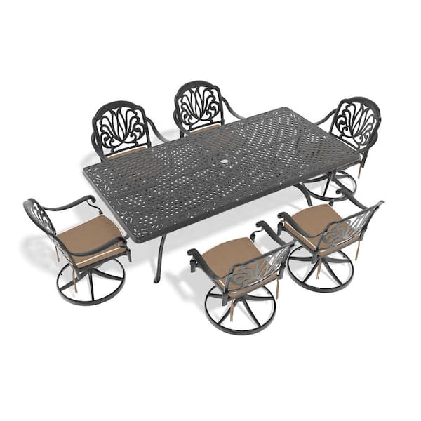 7-Piece All-Weather Cast Aluminum Outdoor Dining Set with 6 Swivel Chairs, Rectangular Table, Brown Cushions