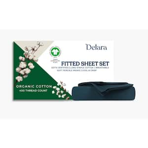 Delara 2-Piece Solid 100% Organic Cotton Percale Weave Breathable Super Soft Midnight Blue Twin Fitted Sheet Sets