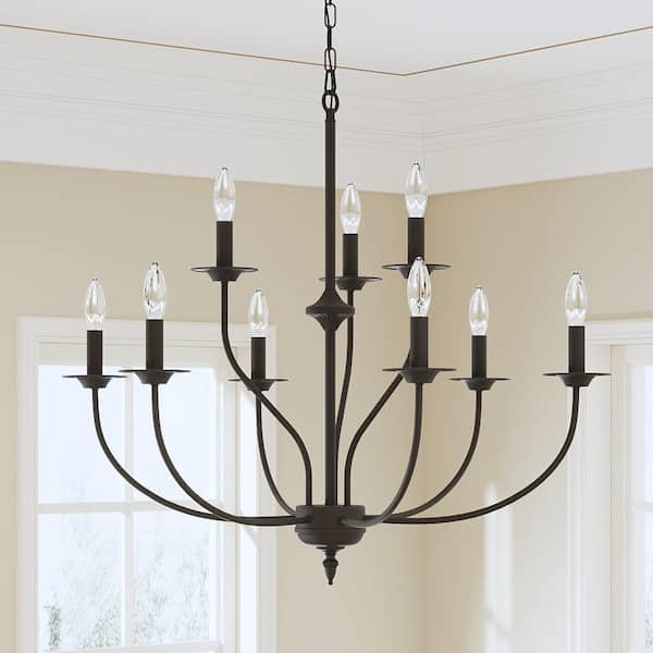 9-Light 43 in. Black Modern Candle Dimmable Chandeliers Dining Room Kitchen Ceiling Lights Foyer Bedroom Lighting