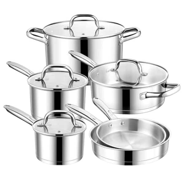 6 qt. 10-Pieces Stainless Steel Cookware Set Induction Ready Tri-Ply Nonstick Pots and Pans Lids