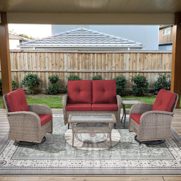PlainCurve 5-Piece Gray Wicker Patio Conversation Set with Glider Loveseat and Olefin Red Cushions