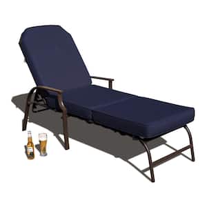 Maya Dark Brown 1-Piece Metal Outdoor Chaise Lounge with Navy Blue Color Cushion