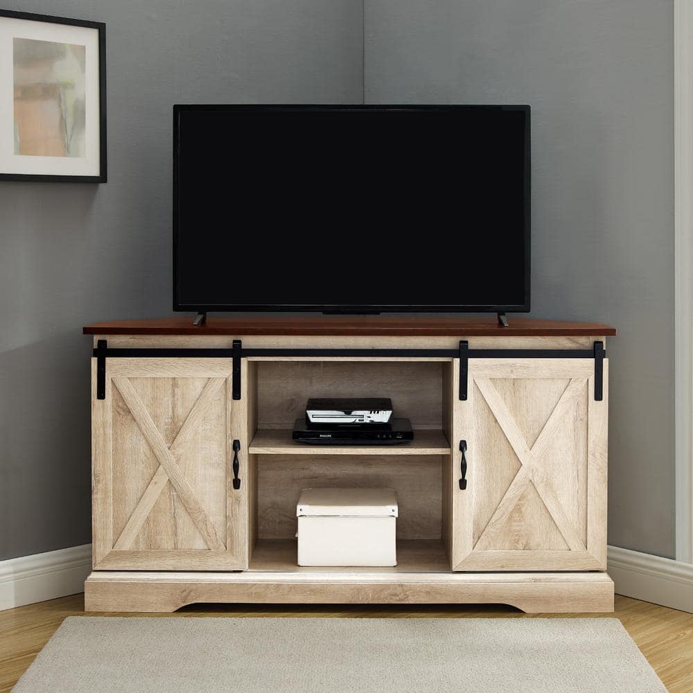 Traditional Brown and White Oak Corner TV Stand with Sliding Barn Doors