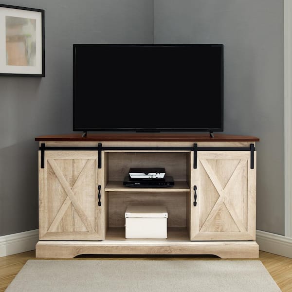 52 in. Farmhouse Traditional Brown and White Oak Wood Corner TV Stand with 2 Sliding Barn Doors (Max TV Size 60 in.)