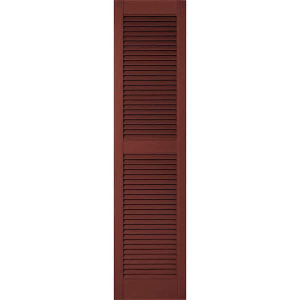 Ekena Millwork 18 in. x 57 in. Lifetime Vinyl Custom Straight Top Center Mullion Open Louvered Shutters Pair Burgundy Red