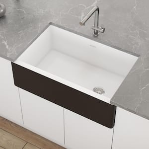 Fiamma Black and White Fireclay 30 in. Single Bowl Farmhouse Apron Offset Drain Kitchen Sink with Bottom Grid