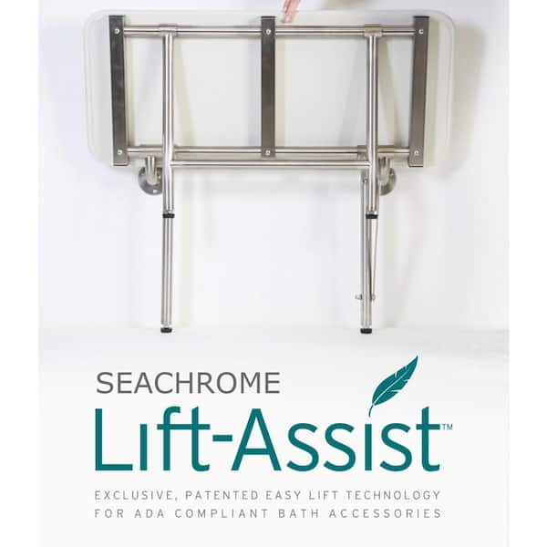 Seachrome Lift-Assist Shower Seat, L-Shaped Right-Hand, ADA, Wall Mount, Padded White Naugahyde