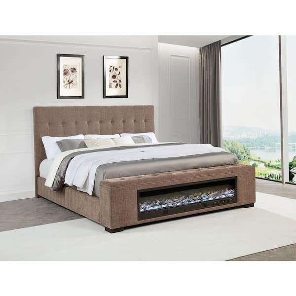 Senna Brown Jacquard Upholstered Queen Panel Bed with Bluetooth Audio and Flame Visualizer