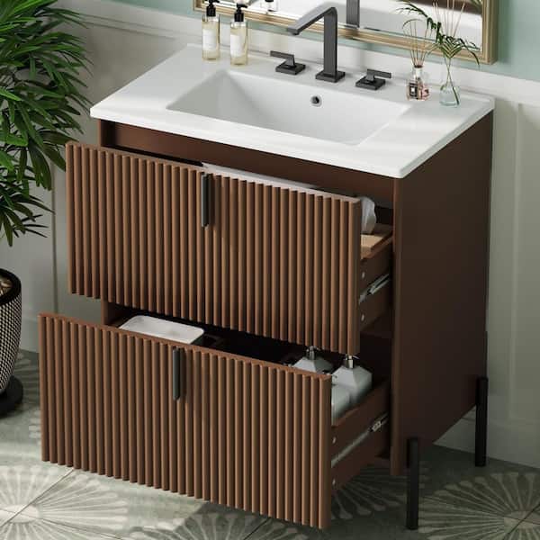 30 in. Freestanding Dark Brown Bath Vanity with White Ceramic Top, 2 Drawer Bathroom Storage Cabinet Unassembled