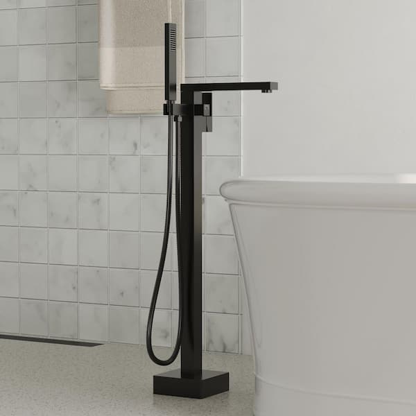 YAWWALK Double Handles Floor Mounted Free Standing Tub Faucets with Hand Shower in Matte Black (Valve Included)